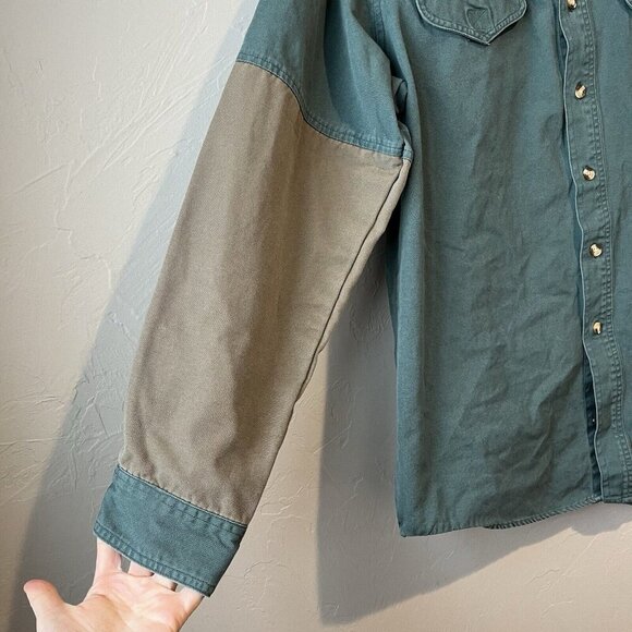 Button Up Patchwork Utility Green Brown Canvas Hunting Shirt L Quilted duck - Picture 3 of 8